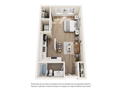 A top-down view of a small, neatly organized apartment with a kitchen, living room, and bathroom.